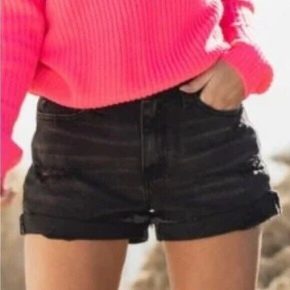 KANCAN Faded Black Distressed High Rise Jean Shorts With Cuffed Hem Size 28
